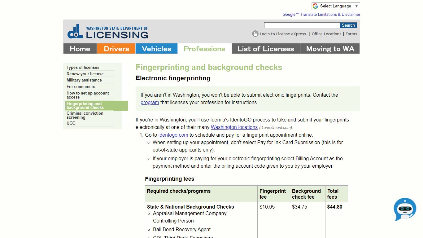 Fingerprinting and background checks - Washington